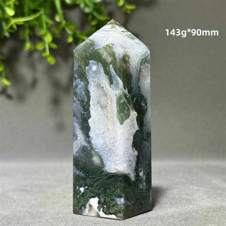 Polished Aquatic Agate Crystal Cave Tower with green water-like patterns and a sparkling quartz sanctuary pocket.