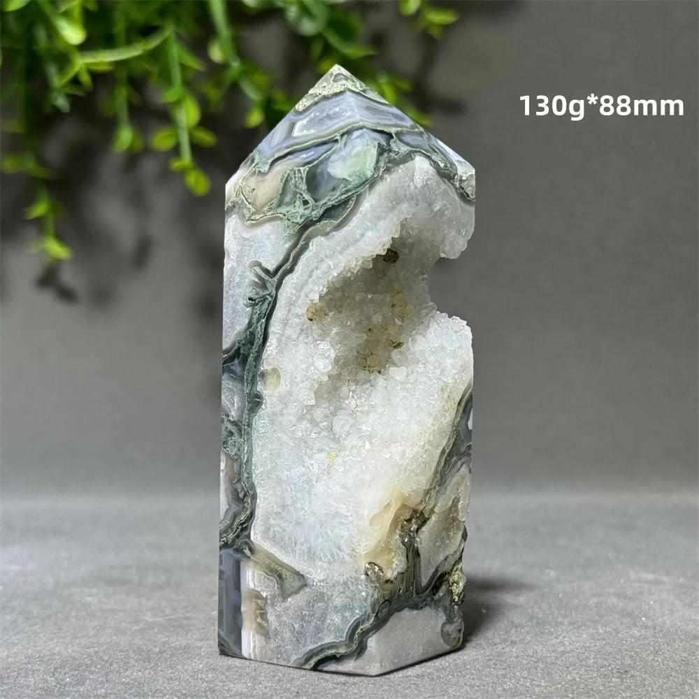 Aquatic Agate Crystal Cave Tower with sparkling quartz pocket, flowing grey patterns, and calming Throat Chakra energy.