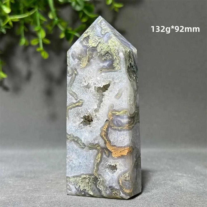 Aquatic Agate Crystal Cave Tower with sparkling quartz pocket, flowing patterns, and calming Throat Chakra energy.