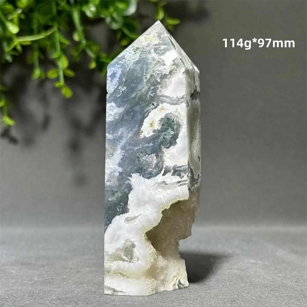 Polished Aquatic Agate Crystal Cave Tower with flowing patterns and a sparkling quartz sanctuary for chakra healing.