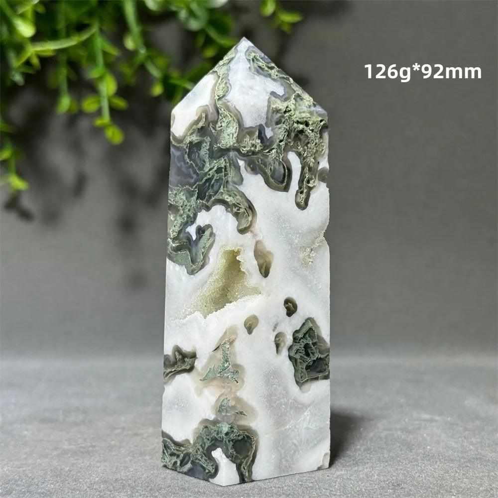 Aquatic Agate Crystal Cave Tower with green water-like patterns and a sparkling quartz pocket for chakra healing.