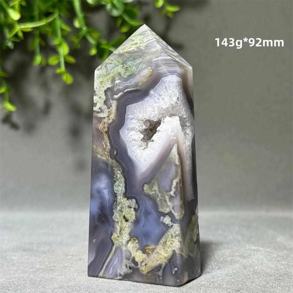 Polished Aquatic Agate Crystal Cave Tower featuring sparkling quartz pockets and calming, water-like patterns.