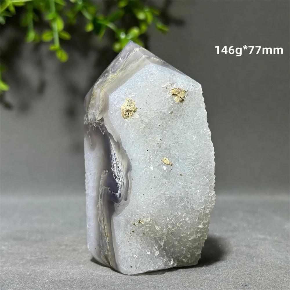 Polished Aquatic Agate Crystal Cave Tower featuring sparkling quartz, flowing patterns, and calming Throat Chakra energy.