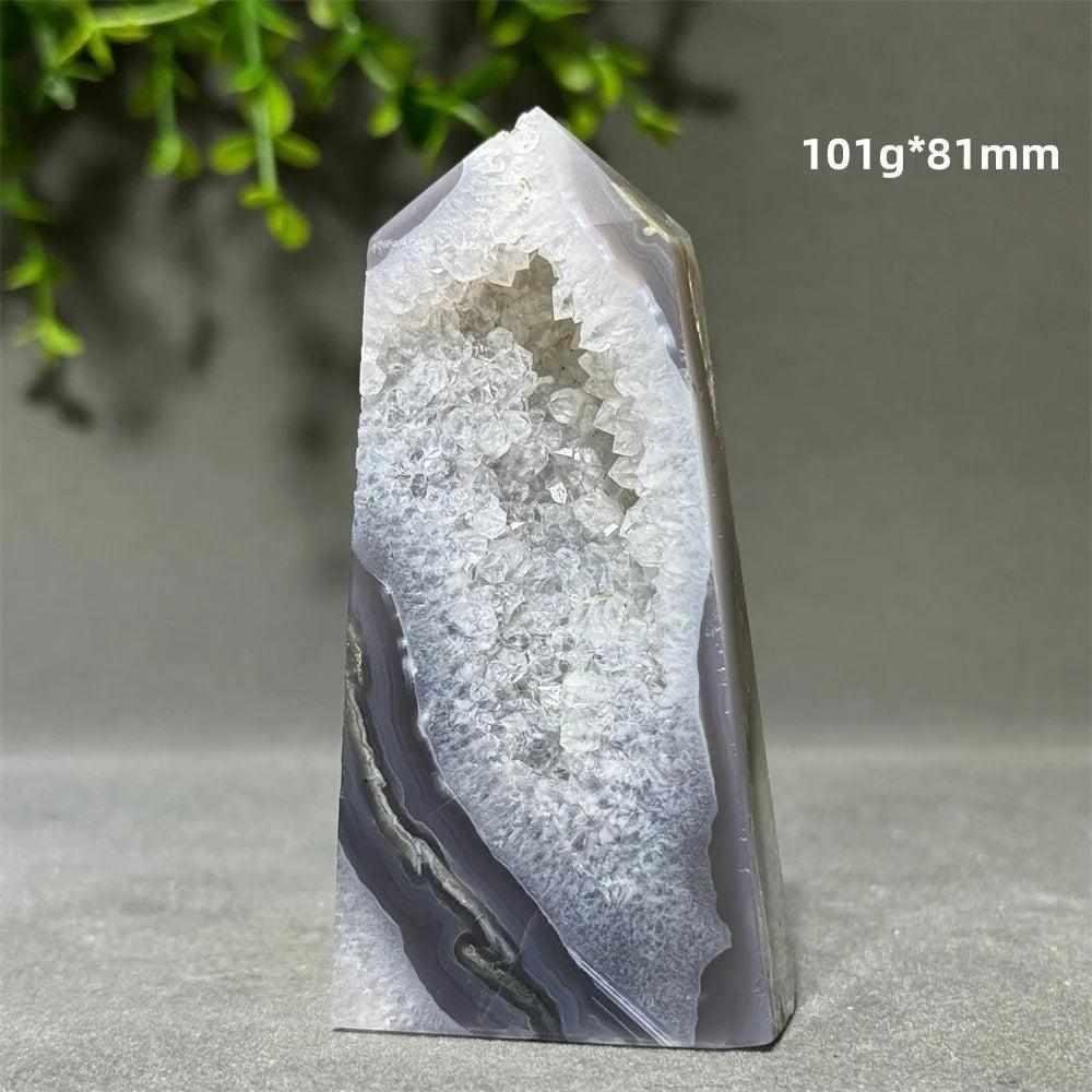Polished Aquatic Agate Crystal Cave Tower featuring a sparkling quartz pocket and calming, water-like grey patterns.
