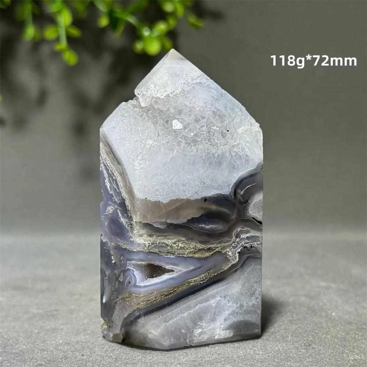 Polished Aquatic Agate Crystal Cave Tower with sparkling quartz pocket, water-like patterns, and Throat Chakra energy.