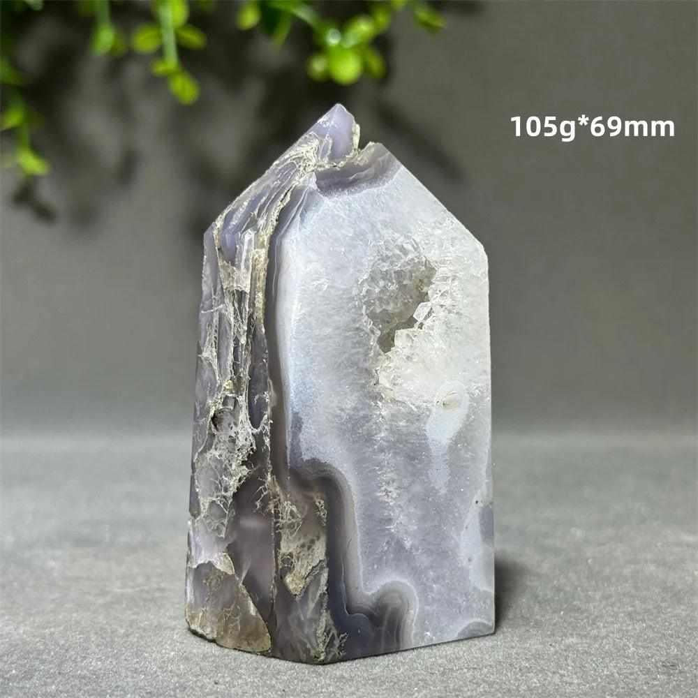 Polished Aquatic Agate Crystal Cave Tower with sparkling quartz pocket and calming water-like patterns for chakra healing.