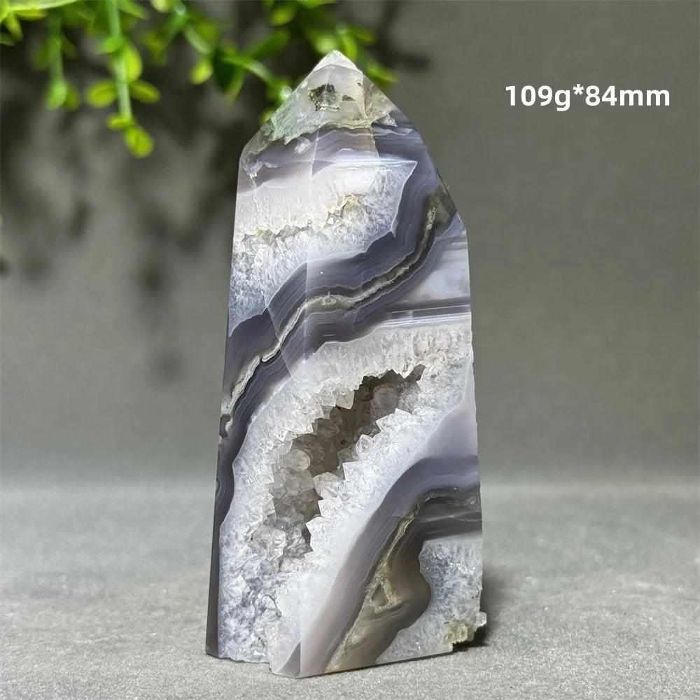 Polished Aquatic Agate Crystal Cave Tower with sparkling quartz pocket and flowing grey patterns for chakra healing.