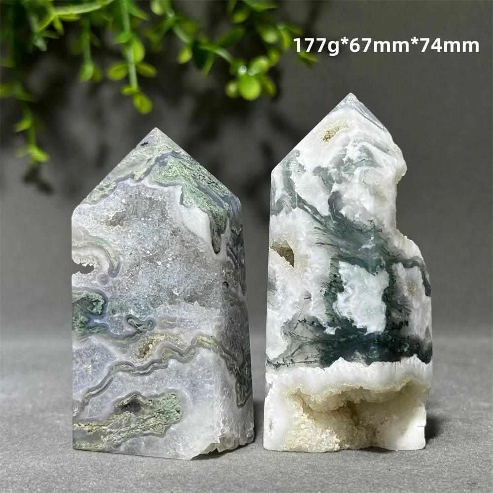 Polished Aquatic Agate Crystal Cave Tower with sparkling quartz pockets and calming, water-like green and white patterns.