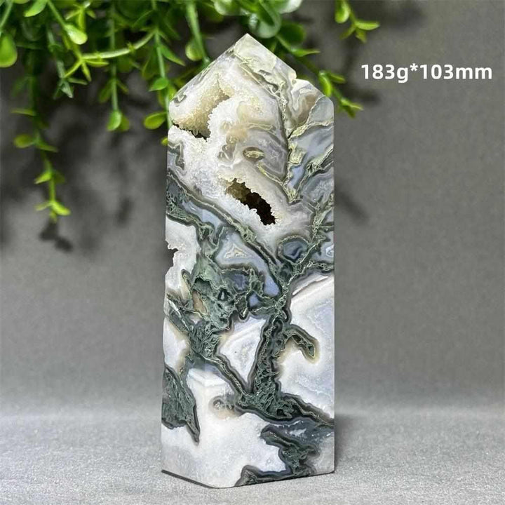 Polished Aquatic Agate Crystal Cave Tower featuring flowing patterns, sparkling quartz, and calming Throat Chakra energy.