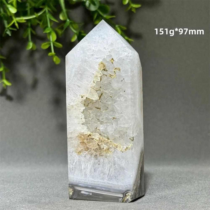 Aquatic Agate Crystal Cave Tower with sparkling quartz pocket, 97mm tall, perfect for Throat Chakra reflection and calm.