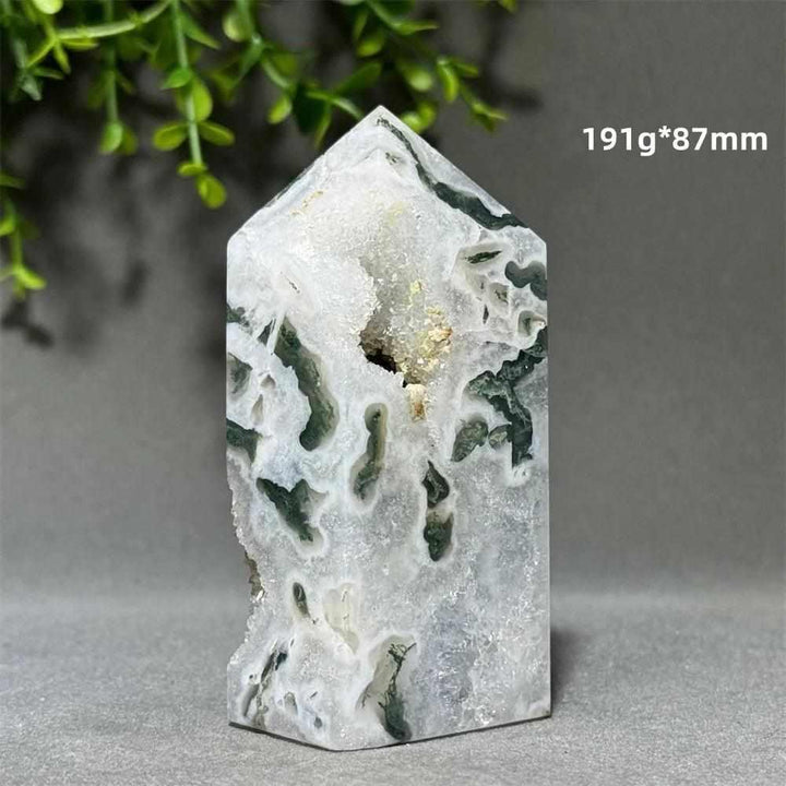 Polished Aquatic Agate Crystal Cave Tower with sparkling quartz, green water-like patterns, and calming energy.
