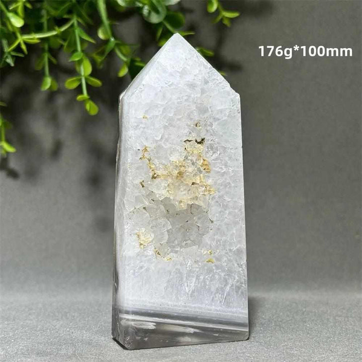 Aquatic Agate Crystal Cave Tower with sparkling quartz pocket, polished stone for Throat Chakra reflection and calm.