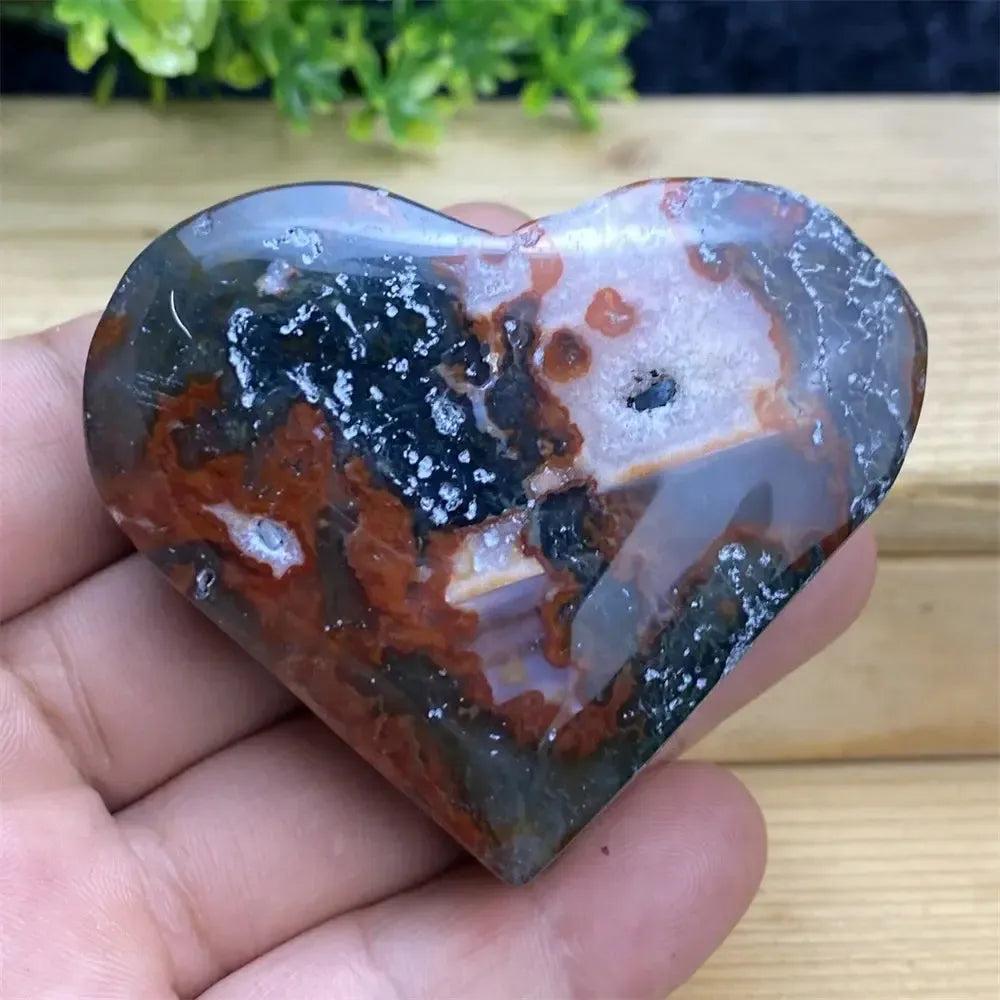 Polished Aquatic Agate Geode Heart with natural druzy, showcasing soothing blue, white, and red tones.