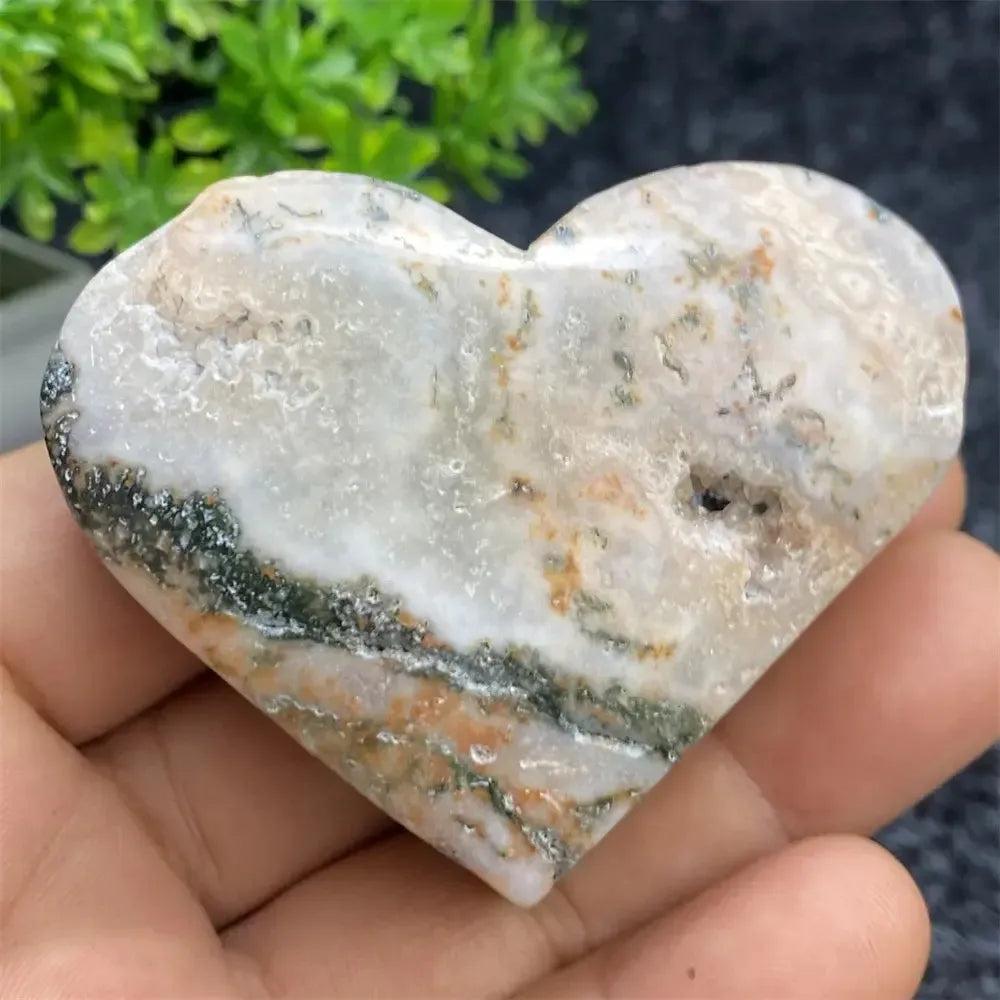 Aquatic Agate Geode Heart: Soothing blue, white, and green crystal heart with sparkling druzy cavity for emotional balance.