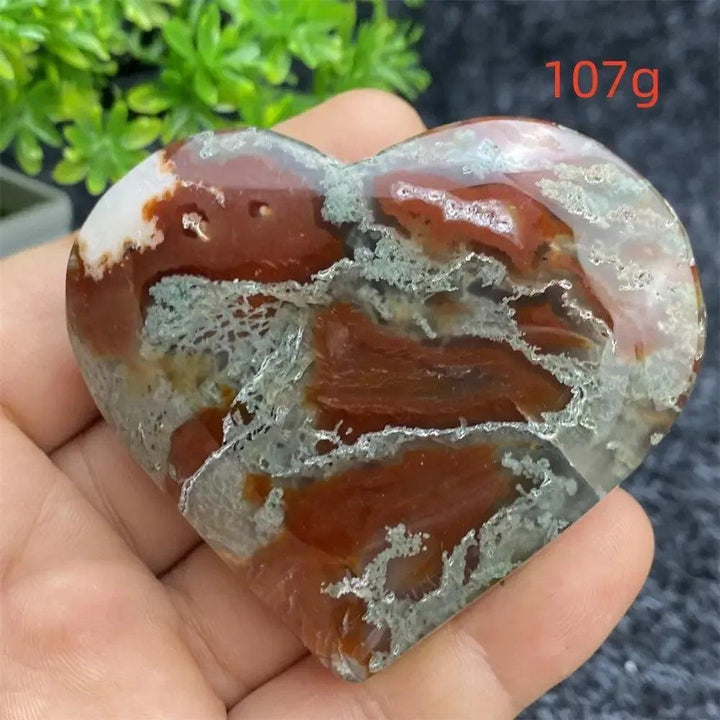 Polished red, white, and gray Aquatic Agate Geode Heart, 107g, for emotional balance and inner peace.