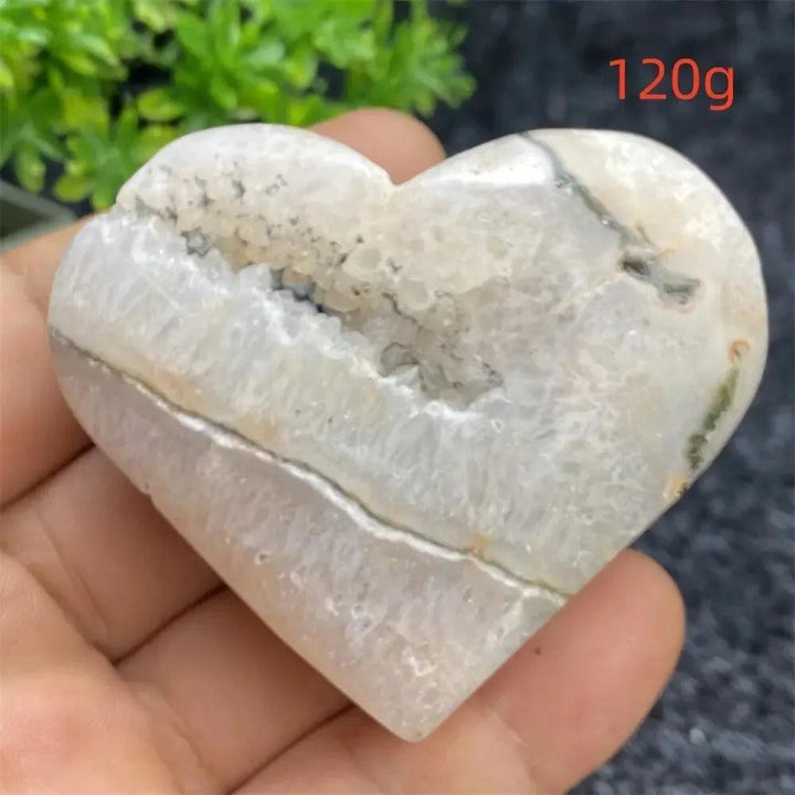 Aquatic Agate Geode Heart: Soothing blue and white crystal heart with sparkling druzy cavity, 120g.