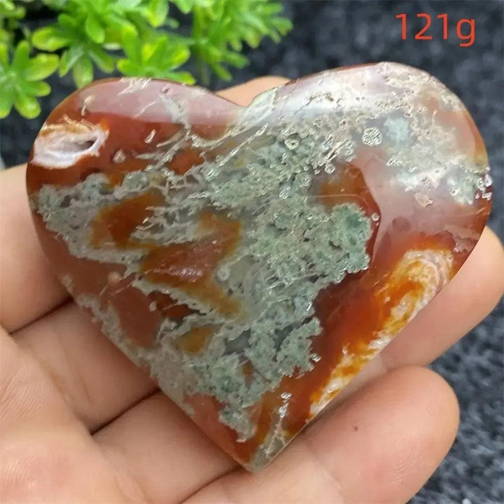Polished red and green Agate Geode Heart, 121g, for emotional balance and inner peace.