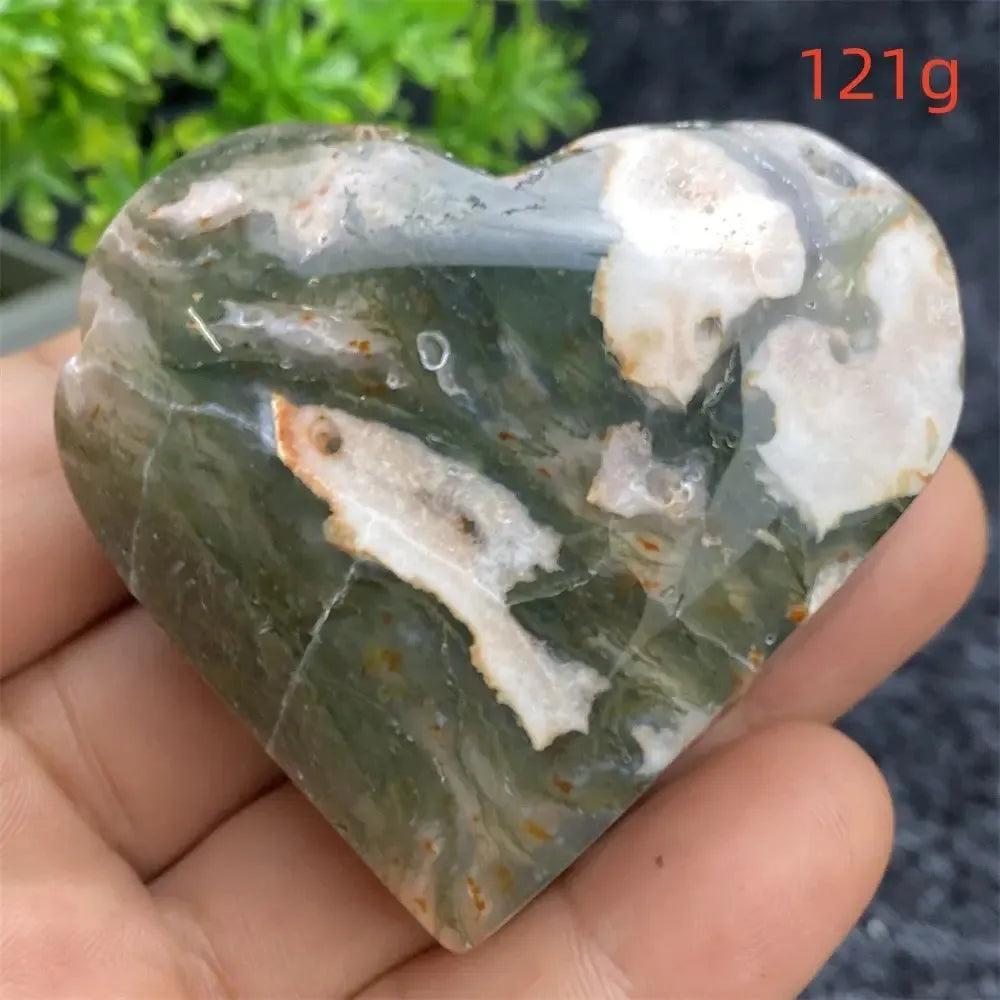 Aquatic Agate Geode Heart: Polished green, white, and brown crystal heart with natural druzy cavity, 121g.