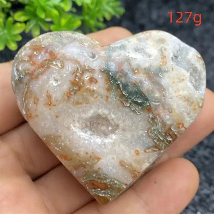 Aquatic Agate Geode Heart: natural blue, white, and orange geode heart with sparkling druzy cavity, 127g.