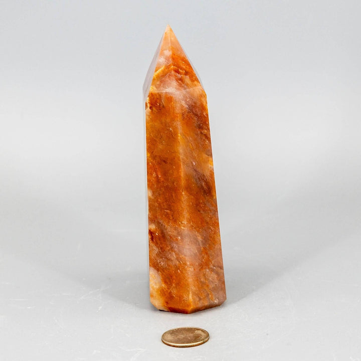 Rare Aragonite XL Tower, a thick, polished crystal in warm cream, tan, and brown tones.