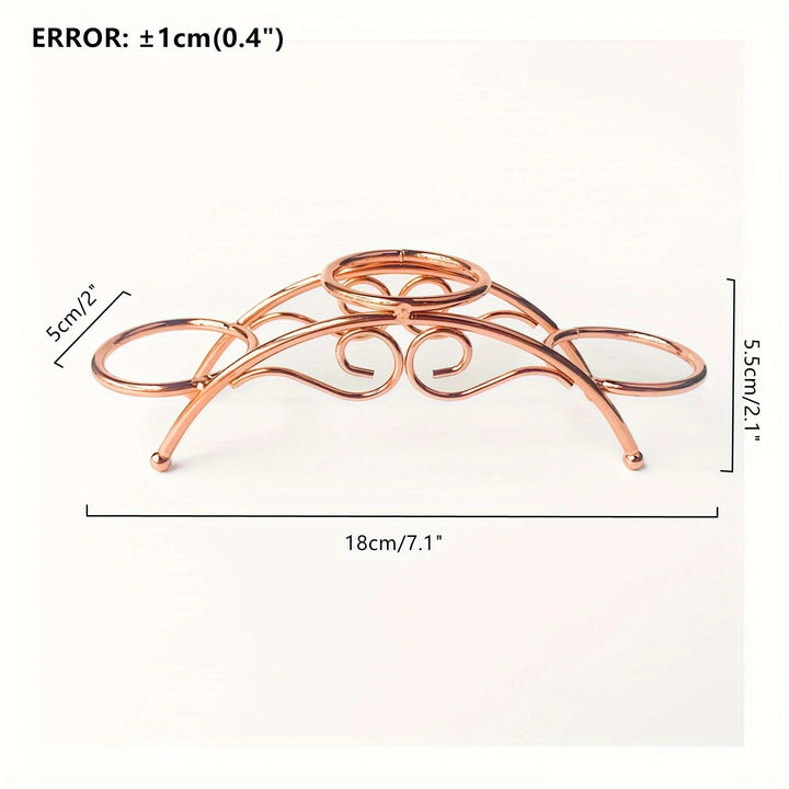 Rose gold arch metal display stand with three sphere holders, showing dimensions.