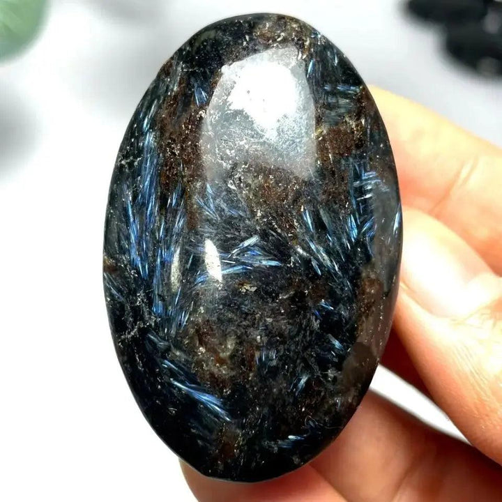 Polished Astrophyllite palm stone with shimmering blue starburst inclusions for healing, meditation, and energy balancing.