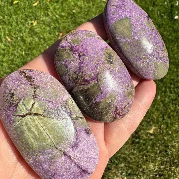 Bohemian Atlantis Crystal Palm Stone with marbled green and purple healing energy.