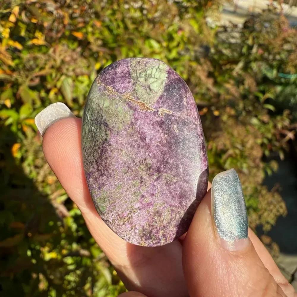 Bohemian Atlantis Crystal Palm Stone with marbled green and purple healing stichtite.