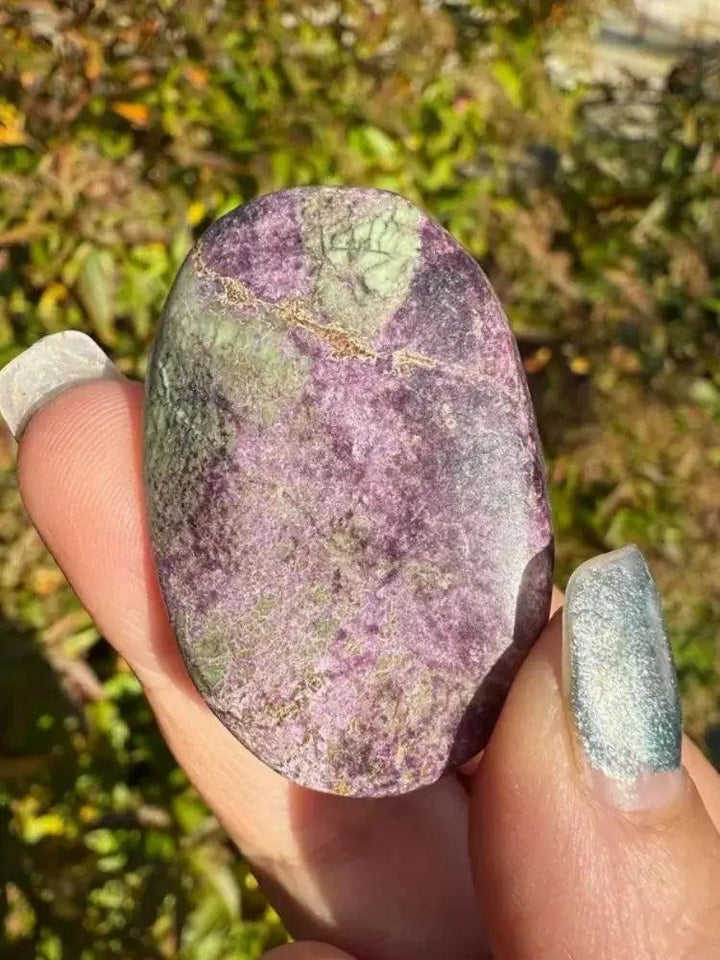 Marbled green and purple Bohemian Atlantis Crystal Palm Stone held in hand, perfect for healing.