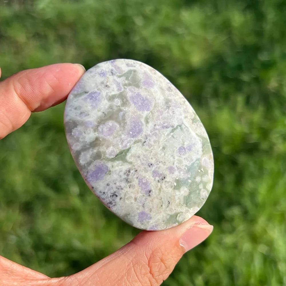 Polished Atlantisite Crystal Palm Stone with healing green serpentine and purple stichtite.