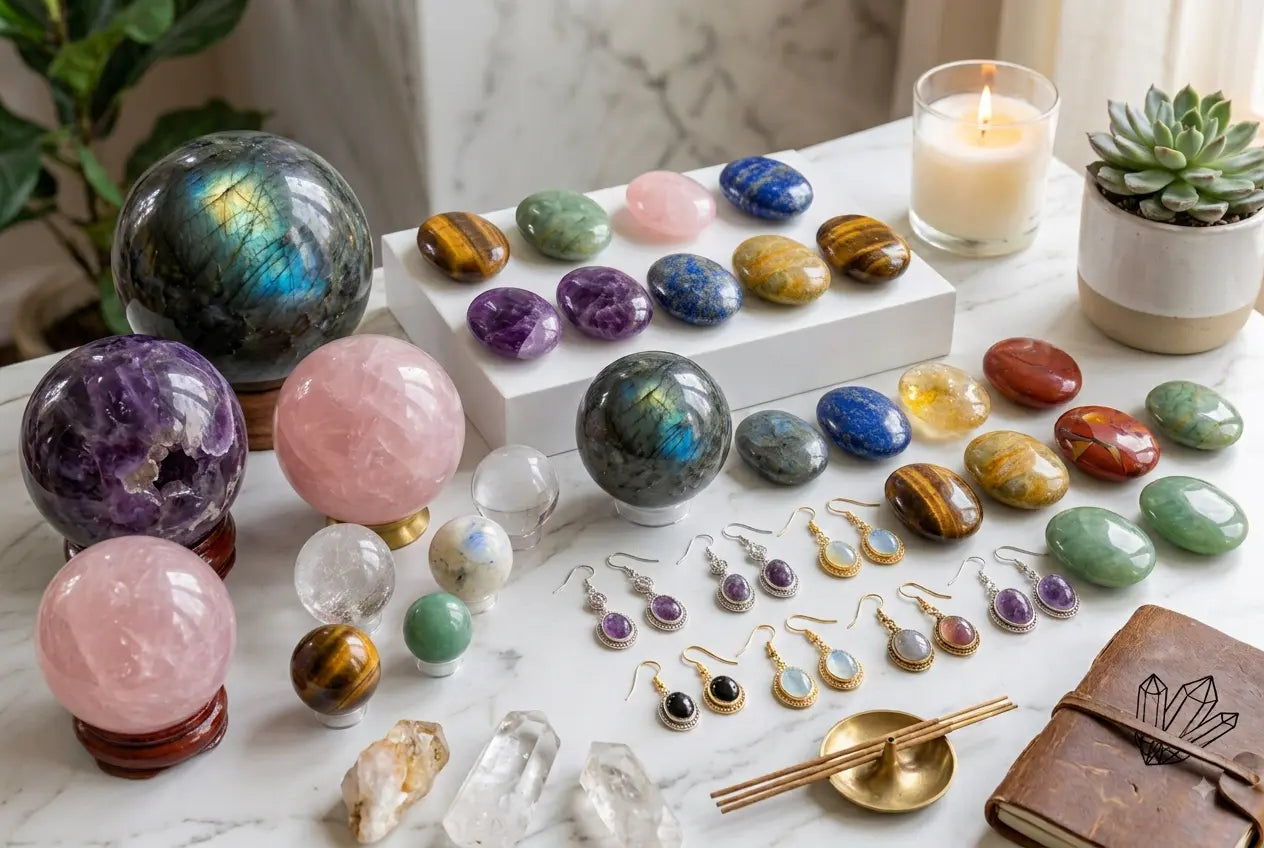 August Hero collection featuring polished crystal spheres, healing palm stones, and elegant gemstone earrings on marble.