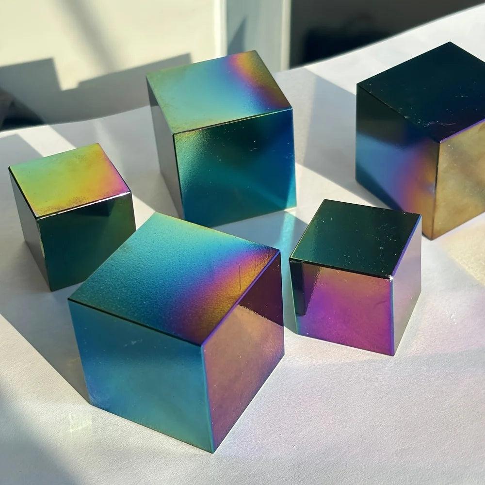 Iridescent Aura Black Obsidian Cubes with a glossy, rainbow-colored metallic finish for healing and modern decor.