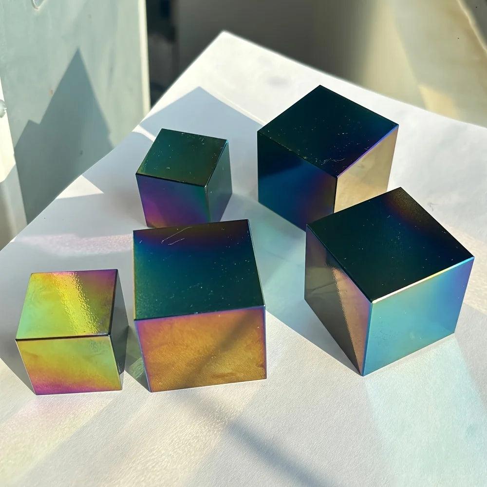 Iridescent Aura Black Obsidian polished geometric cubes with a glossy, rainbow-colored metallic sheen.