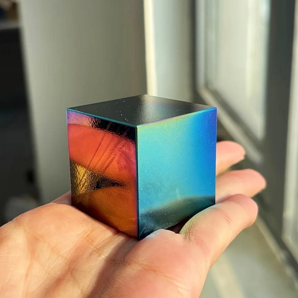Aura Black Obsidian Cube with a vibrant, iridescent rainbow sheen for healing energy and modern decor.