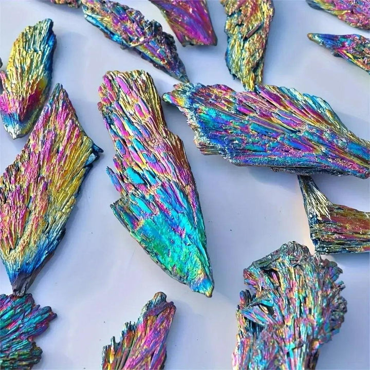 100g Aura Kyanite wing fan, Natural Black Tourmaline Raw Stone Electroplating Peacock Tail Flame Feather Black Tourmaline