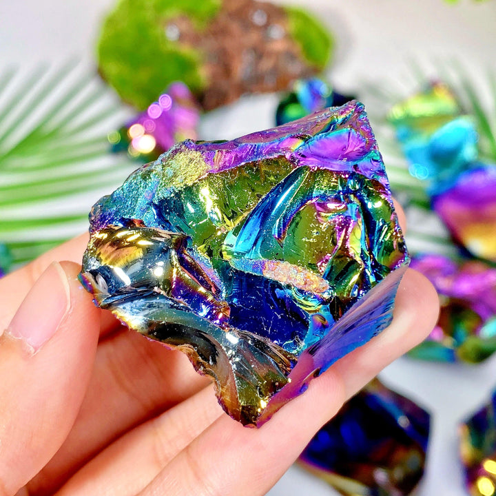 Aura Obsidian Raw Crystal Stone for Grounding Protection, showcasing iridescent gold, violet, and teal hues.