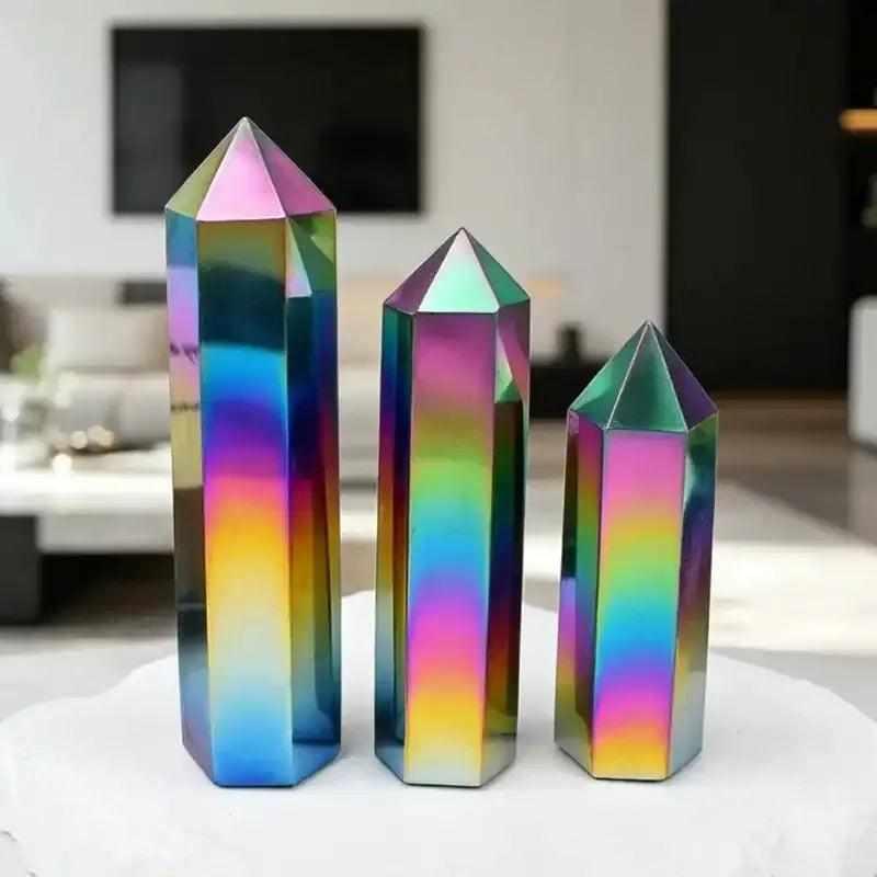 Iridescent aura obsidian crystal point tower, a 5-8cm healing stone obelisk for vibrant home decor and energy balancing.