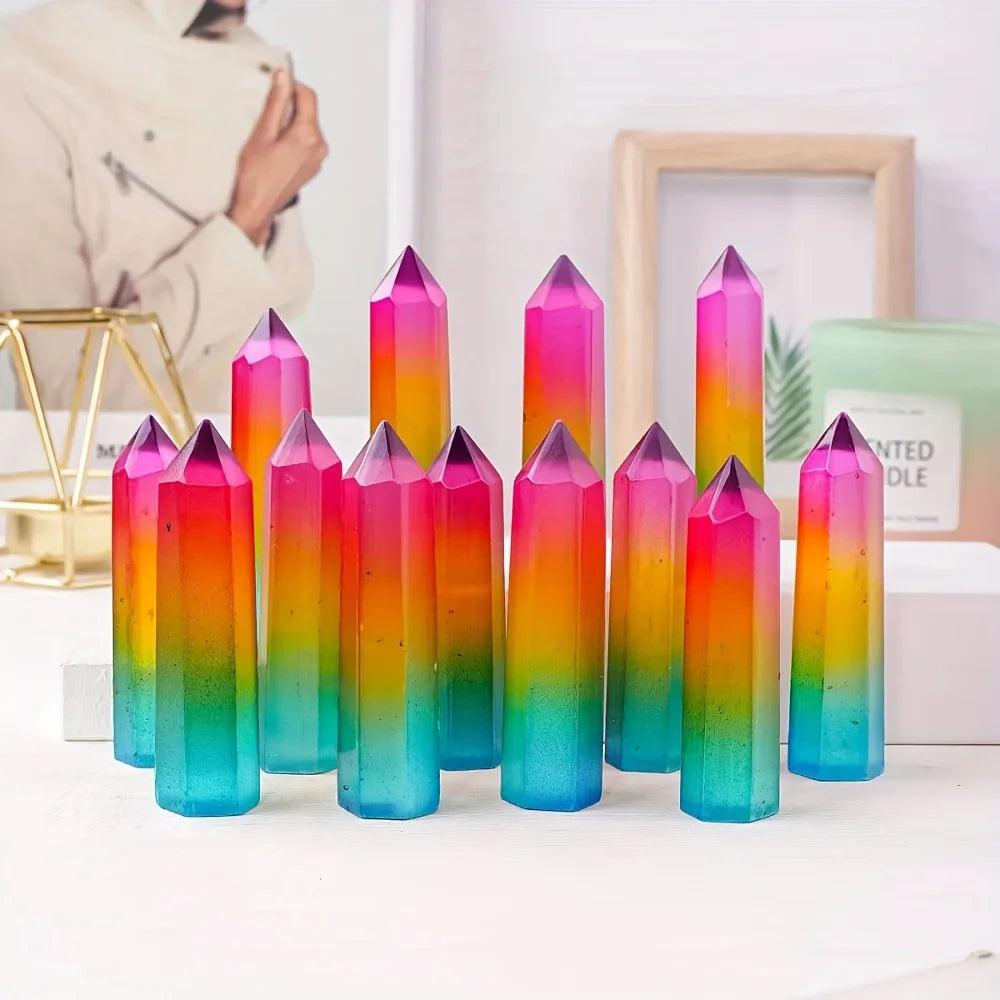 Vibrant rainbow Aura Selenite pillars with iridescent metallic colors for healing and home decor.