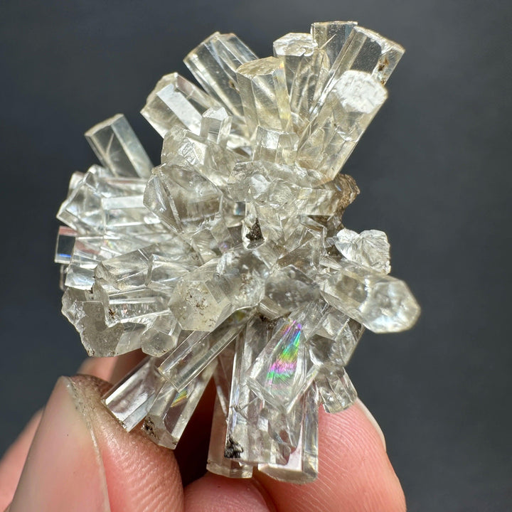 Natural clear aurora columnar calcite cluster flower healing crystal with rainbow light.