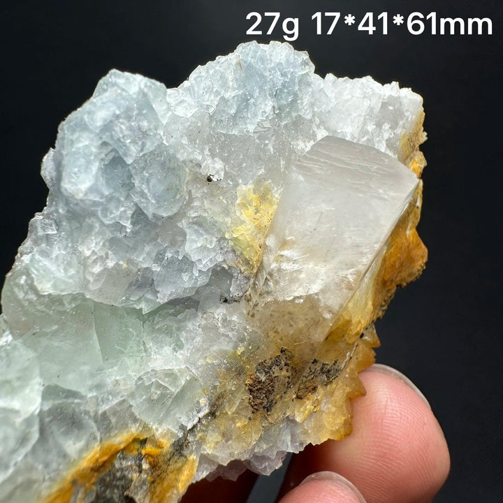 Natural clear columnar calcite cluster healing stone crystal specimen with raw yellow and blue minerals.