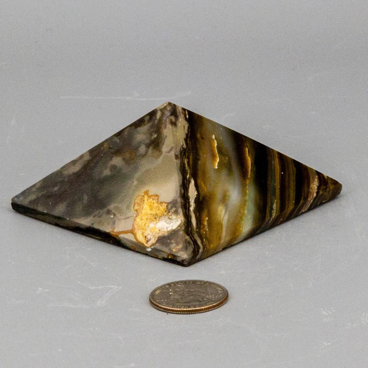 Polished Banded Agate Crystal Pyramid, 76mm, showcasing earthy tones and natural concentric layering for grounding.