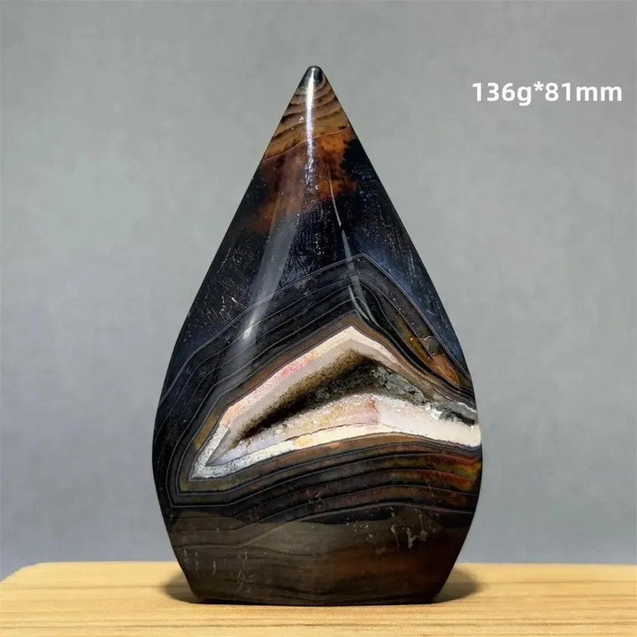Banded Agate freeform torch from Crystal Destiny, featuring earthy brown, black, and white layers, 136g.