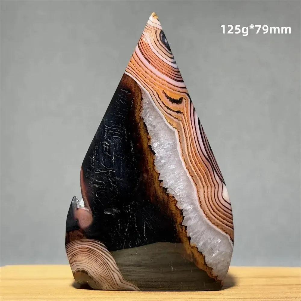 Banded Agate freeform torch from Crystal Destiny, featuring earthy browns, creams, and black with white druzy.