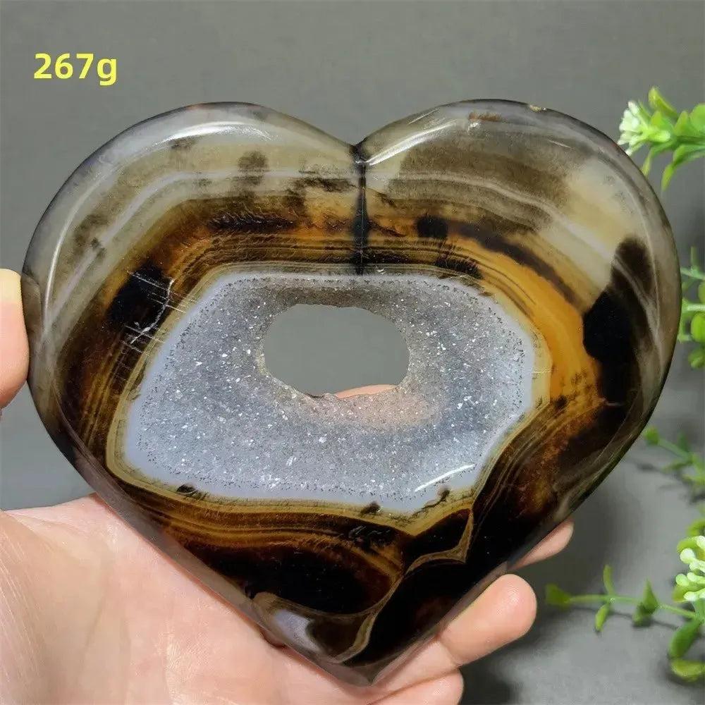 Banded Agate Geode Crystal Heart for Grounding & Stability, with bold red, black, brown, white banding and glittering druzy.