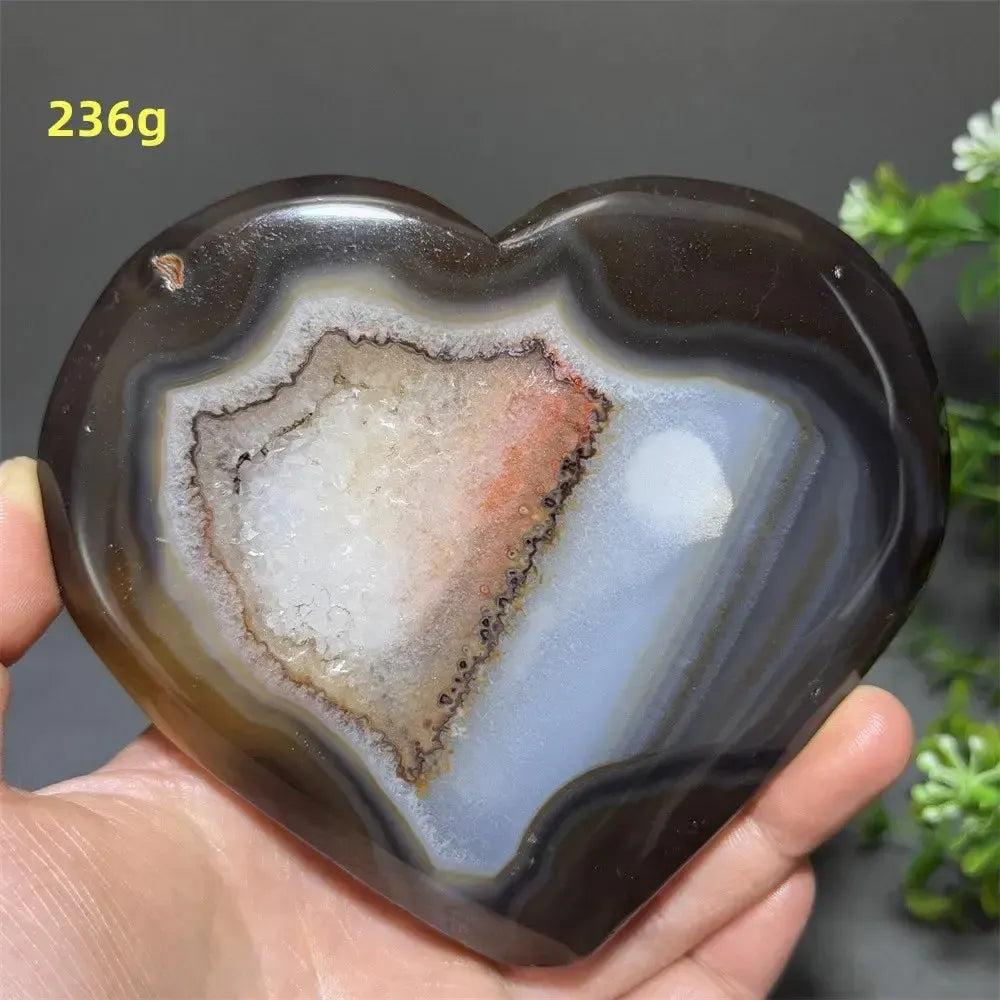 Banded Agate Geode Crystal Heart for Grounding & Stability, with bold red, black, brown, white layers and glittering druzy.