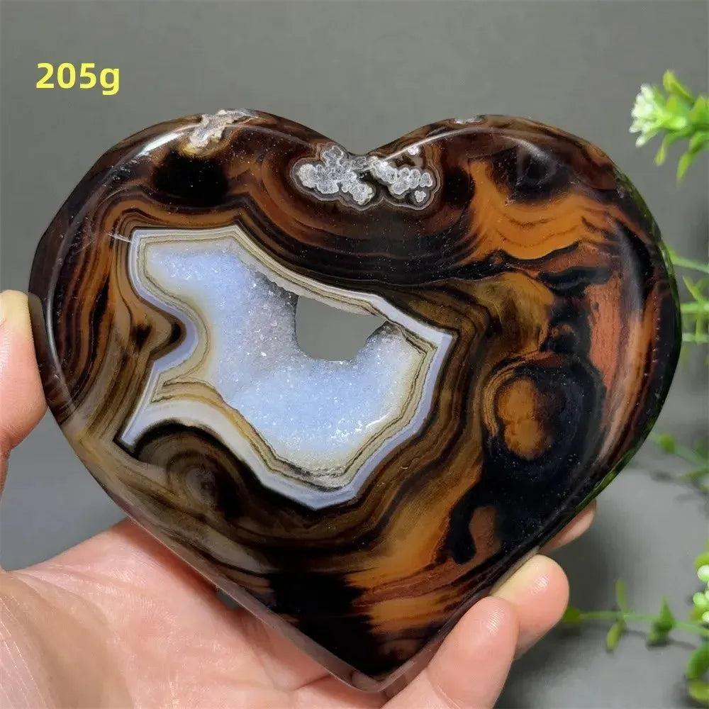 Banded Agate Geode Crystal Heart for Grounding & Stability, with bold red, black, brown, white layers and sparkling druzy.