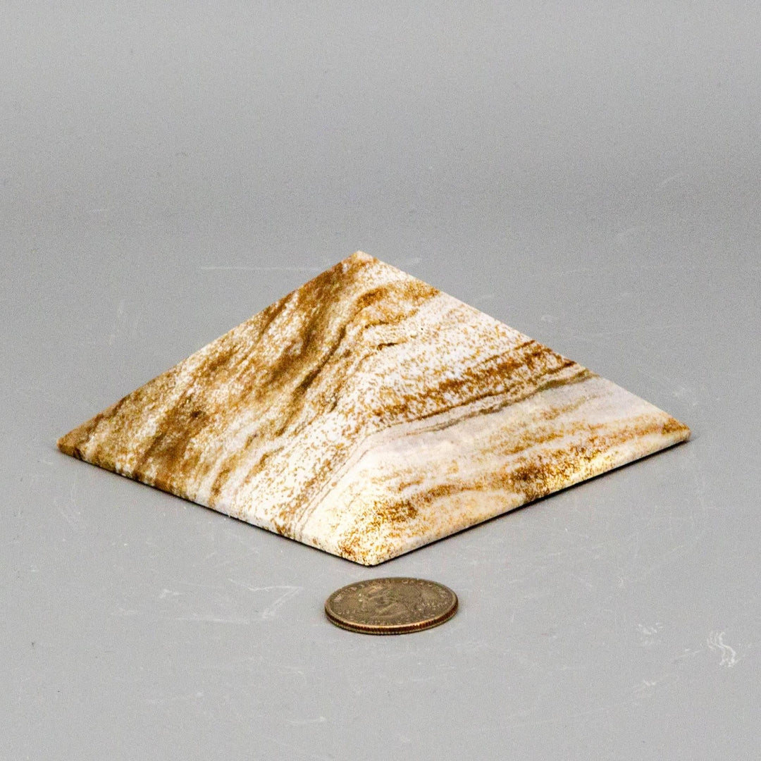 Banded Chocolate Calcite Pyramid with deep brown, caramel, and cream layers, polished to highlight natural banding.