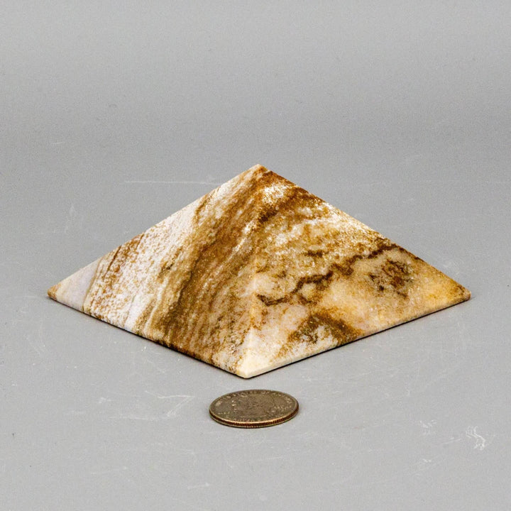 Polished Banded Chocolate Calcite Pyramid with deep brown, caramel, and cream layers, promoting grounding.