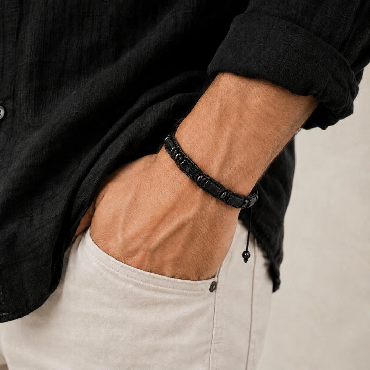 Black Tourmaline Barrel Beaded Adjustable Bracelet for protection, featuring smooth, grounding natural stone beads.