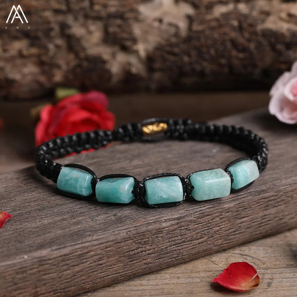 Amazonite Barrel Beaded Adjustable Bracelet with smooth teal gemstone beads on a durable black lace-up cord.
